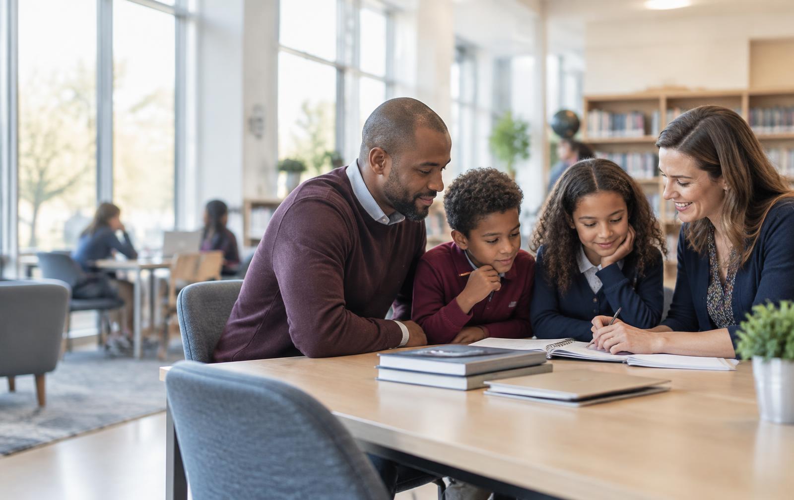 Family and educator reviewing schoolwork in an editorial learning scene