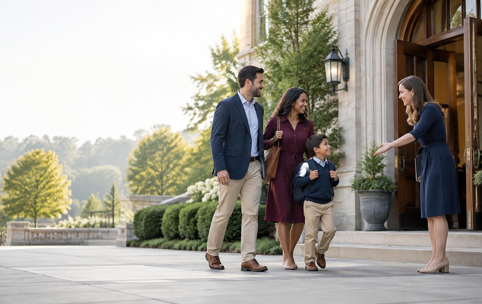 A family receiving a warm welcome at a school entrance
