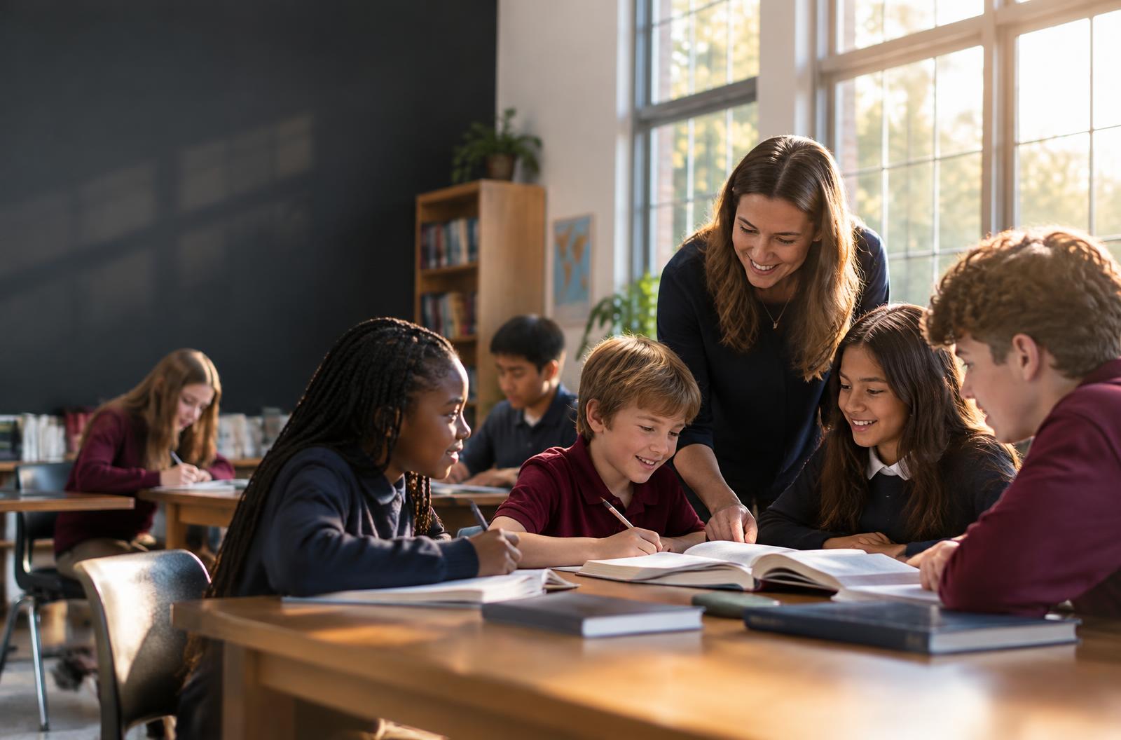 Students learning together with a teacher in a sunlit classroom; conceptual image pending academy-approved photography