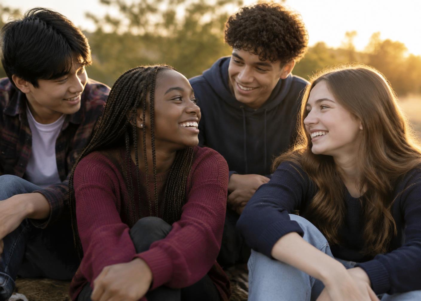 Friends sharing a joyful and supportive moment outdoors